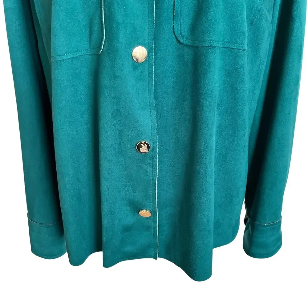 Chico's Jacket Women's Size 2 Large 12/14 Turquoise Faux Suede Gold Buttons